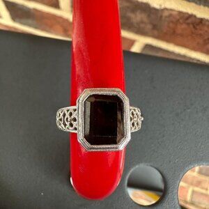 Antique Art Deco 14K White Gold Garnet Emerald Cut Ring
